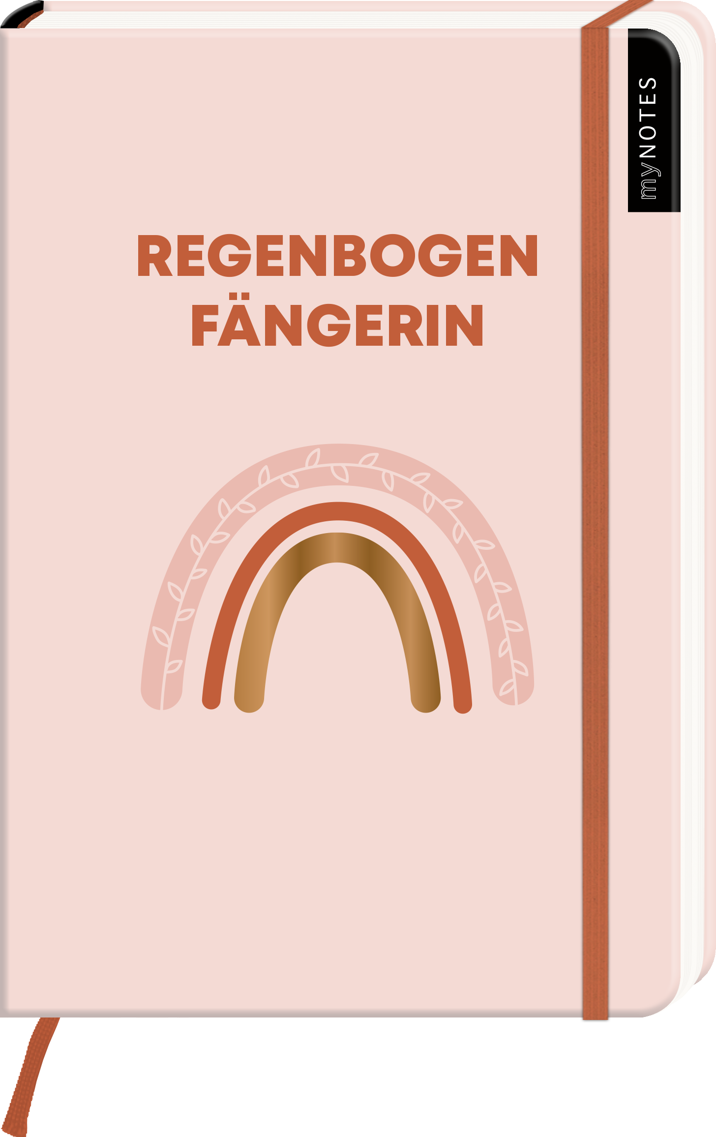 Das Buchcover zeigt einen sanften, rosa Hintergrund. In der Mitte befindet sich ein stilisierter Regenbogen in Erdtönen, unterstrichen von einer feinen, weißen Umrandung. Der Titel „REGENBOGENFÄNGERIN“ steht in kräftiger, dunkler Schrift unmittelbar darüber. Ein orangefarbenes Lesezeichen und ein schwarzes Label mit der Aufschrift „my NOTES“ sind an der oberen rechten Ecke platziert. Ganz unten mittig steht der Logoschriftzug von arsEdition.