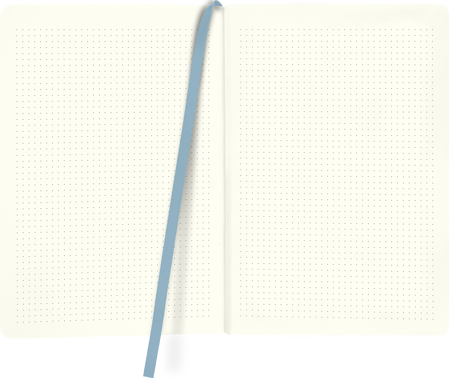 Gezeigt wird eine Innenansicht von „myNOTES Notizbuch A5: Warum wohnt das Meer nur so weit weg von mir?“. Die Seiten sind in einem sanften Cremeton gehalten und zeigen ein feines Muster aus gleichmäßig angeordneten Punkten. In der Mitte des Notizbuchs liegt ein blauer Leseband, das einen frischen Farbkontrast bietet. Die Schriftart ist klar und gut lesbar, wodurch die Nutzung des Notizbuchs angenehm gestaltet wird.