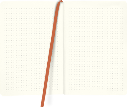 Gezeigt wird eine Innen- oder Zusatzansicht von „myNOTES Notizbuch A5: A home for good ideas“. Die Seite zeigt ein beige-ivorfarbenes Papier mit feinen, dezenten Punkten in regelmäßigen Abständen, das eine strukturierte Schreibunterlage bietet. Eine leuchtend orangefarbene Lesebandmarkierung zieht sich vertikal durch das Zentrum. Die klare, moderne Typografie ist gut lesbar und unterstützt die praktische Nutzung des Notizbuchs.