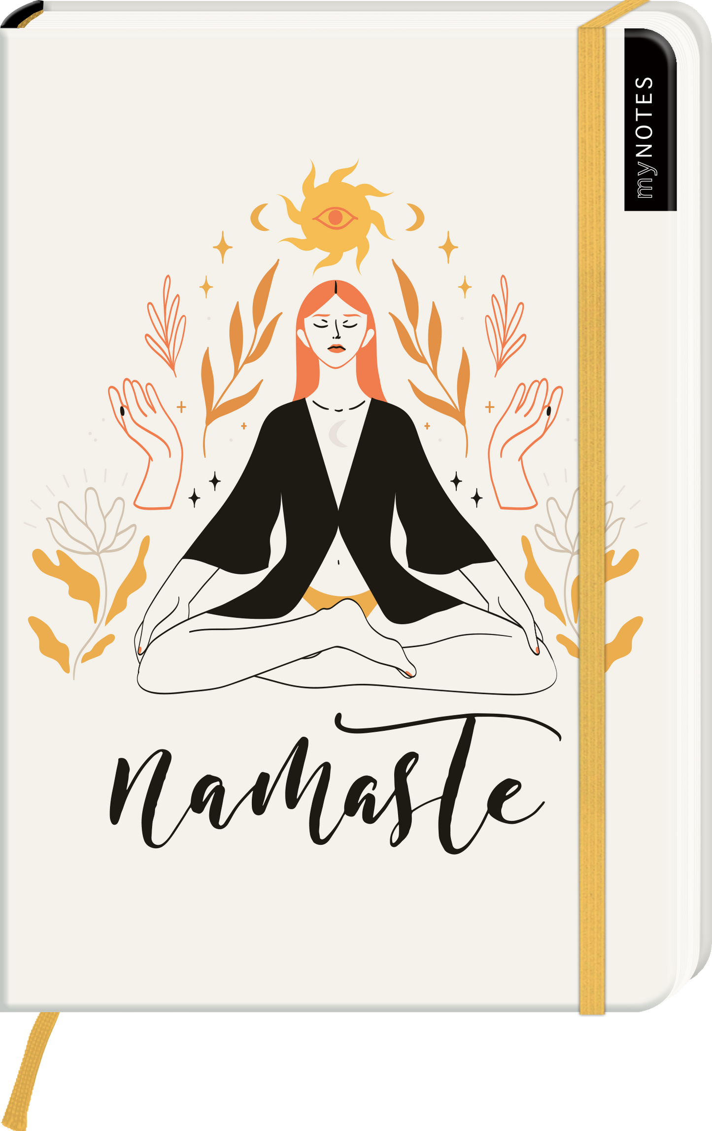 Das Buchcover zeigt eine meditierende Frau mit roten Haaren, gekleidet in ein schwarzes Gewand. Um sie herum sind stilisierte Hände und florale Elemente in sanften Gelbtönen angeordnet. Über ihr schimmert ein Auge in der Mitte einer Sonne, was eine spirituelle Atmosphäre vermittelt. Der Titel „namaste“ ist in geschwungener schwarz-geschriebener Schrift platziert. Ganz oben rechts befindet sich der Schriftzug „my NOTES“. Ganz unten mittig steht der Logoschriftzug von arsEdition.