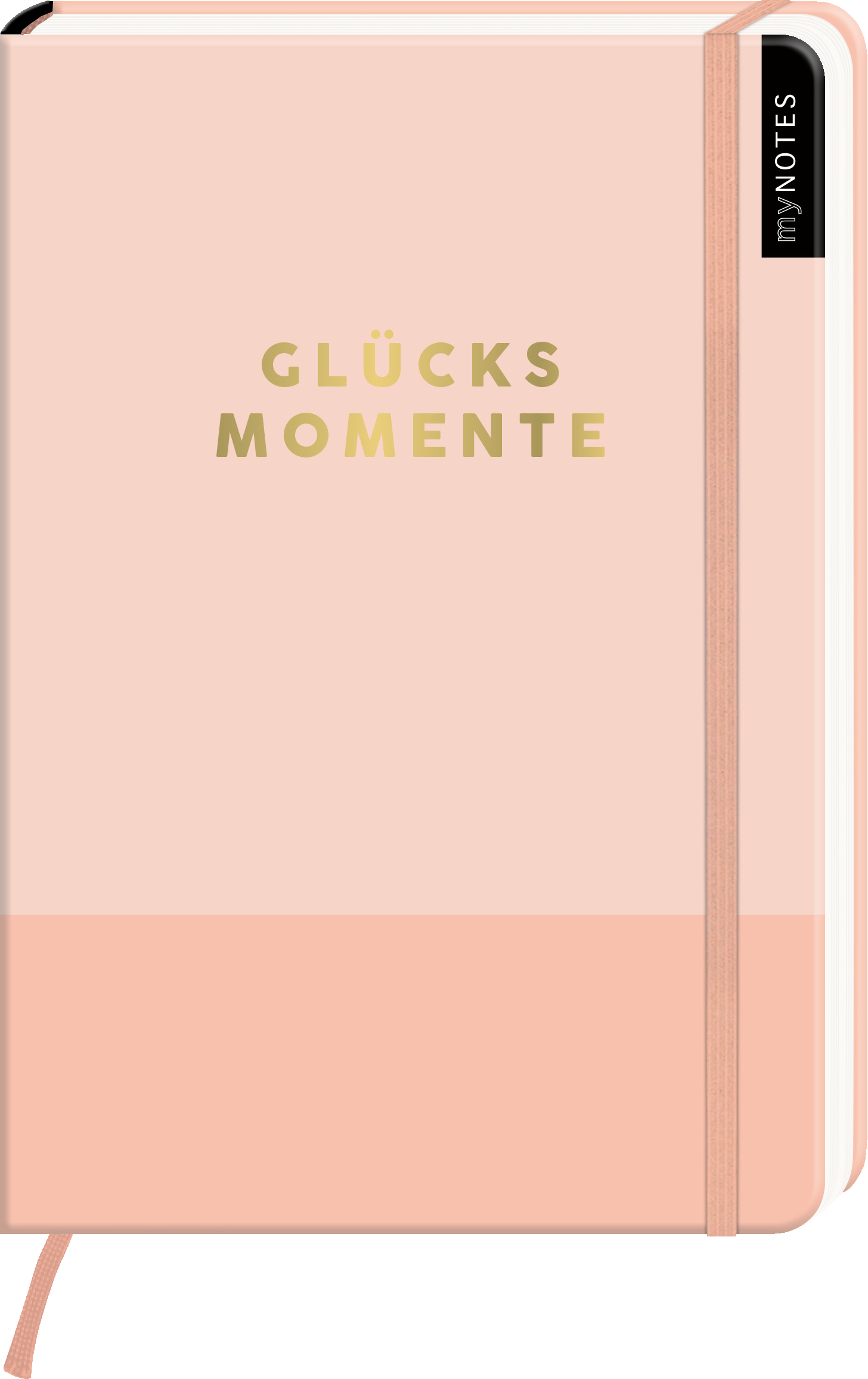 Das Buchcover zeigt ein schlichtes Notizbuch in sanften Rosatönen. In der Mitte des Covers steht der Titel „GLÜCKSMOMENTE“ in goldenen, modernen Buchstaben. Der obere Teil des Covers ist in einem helleren Rosa gehalten, während der untere Teil etwas dunkler ist. Auf der linken Seite zieht ein schwarzes Label mit der Aufschrift „myNOTES“ die Aufmerksamkeit auf sich. Ganz unten mittig steht der Logoschriftzug von arsEdition.