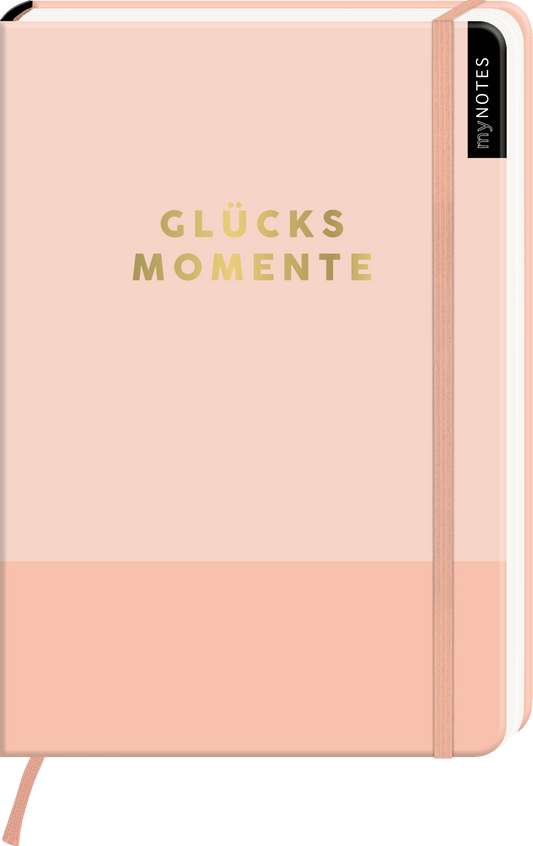 Das Buchcover zeigt ein schlichtes Notizbuch in sanften Rosatönen. In der Mitte des Covers steht der Titel „GLÜCKSMOMENTE“ in goldenen, modernen Buchstaben. Der obere Teil des Covers ist in einem helleren Rosa gehalten, während der untere Teil etwas dunkler ist. Auf der linken Seite zieht ein schwarzes Label mit der Aufschrift „myNOTES“ die Aufmerksamkeit auf sich. Ganz unten mittig steht der Logoschriftzug von arsEdition.