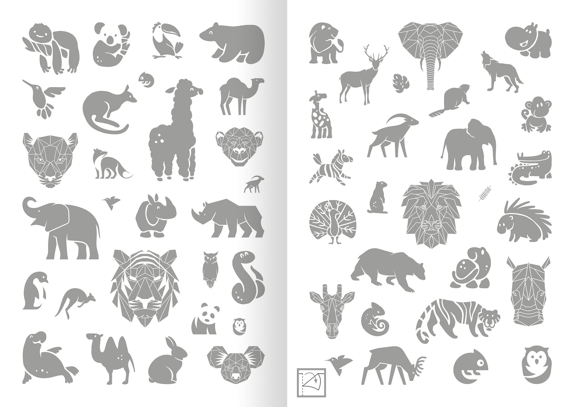 Gezeigt wird eine Innen- oder Zusatzansicht von „Metallic-Sticker – Wilde Tiere“. Die Seite zeigt eine Vielzahl von Tiersilhouetten in metallic-grau, darunter Elefanten, Giraffen und Löwen, die auf einer weißen Hintergrundfläche angeordnet sind. Die Illustrationen sind einfach gehalten und variieren in Größe und Form.