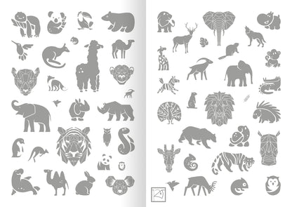 Gezeigt wird eine Innen- oder Zusatzansicht von „Metallic-Sticker – Wilde Tiere“. Die Seite zeigt eine Vielzahl von Tiersilhouetten in metallic-grau, darunter Elefanten, Giraffen und Löwen, die auf einer weißen Hintergrundfläche angeordnet sind. Die Illustrationen sind einfach gehalten und variieren in Größe und Form.