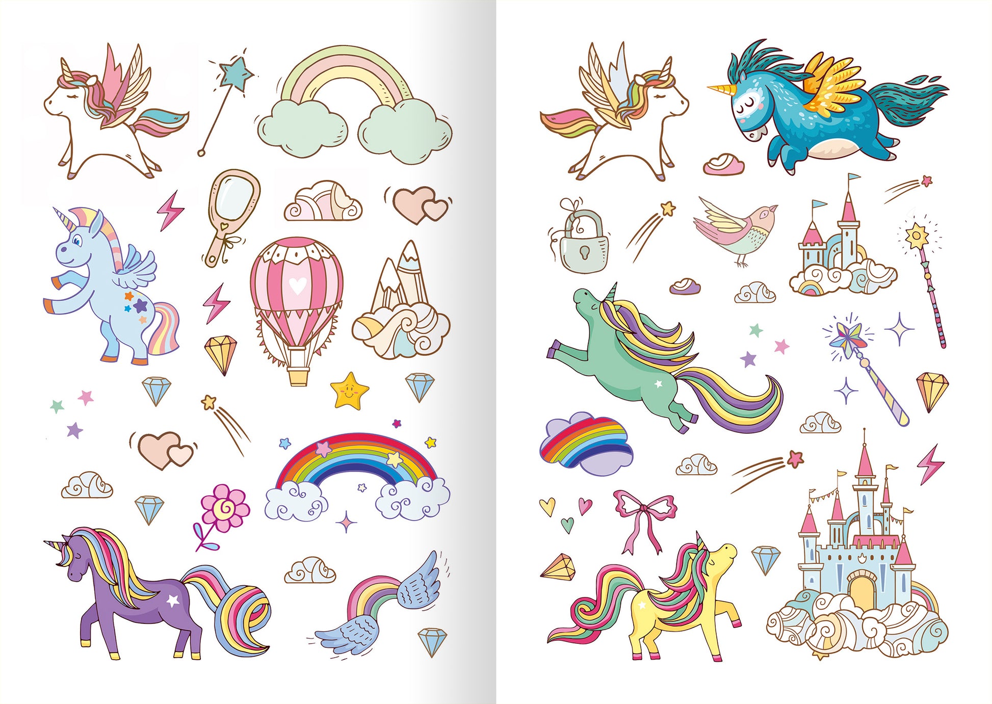 Gezeigt wird eine Innen- oder Zusatzansicht von „Glitzerspaß – Einhorn-Sticker“. Die Seite zeigt bunte Illustrationen von Einhörnern, Regenbögen, Wolken und anderen fantastischen Motiven in sanften Pastellfarben wie Rosa, Lila und Himmelblau. Die Seite ist ergänzt von herzigen Details wie Schleifen, Krönchen und Diamanten. Diese Vielfalt an Stickern bietet eine fröhliche und einladende Gestaltung, die die Fantasie anregt.