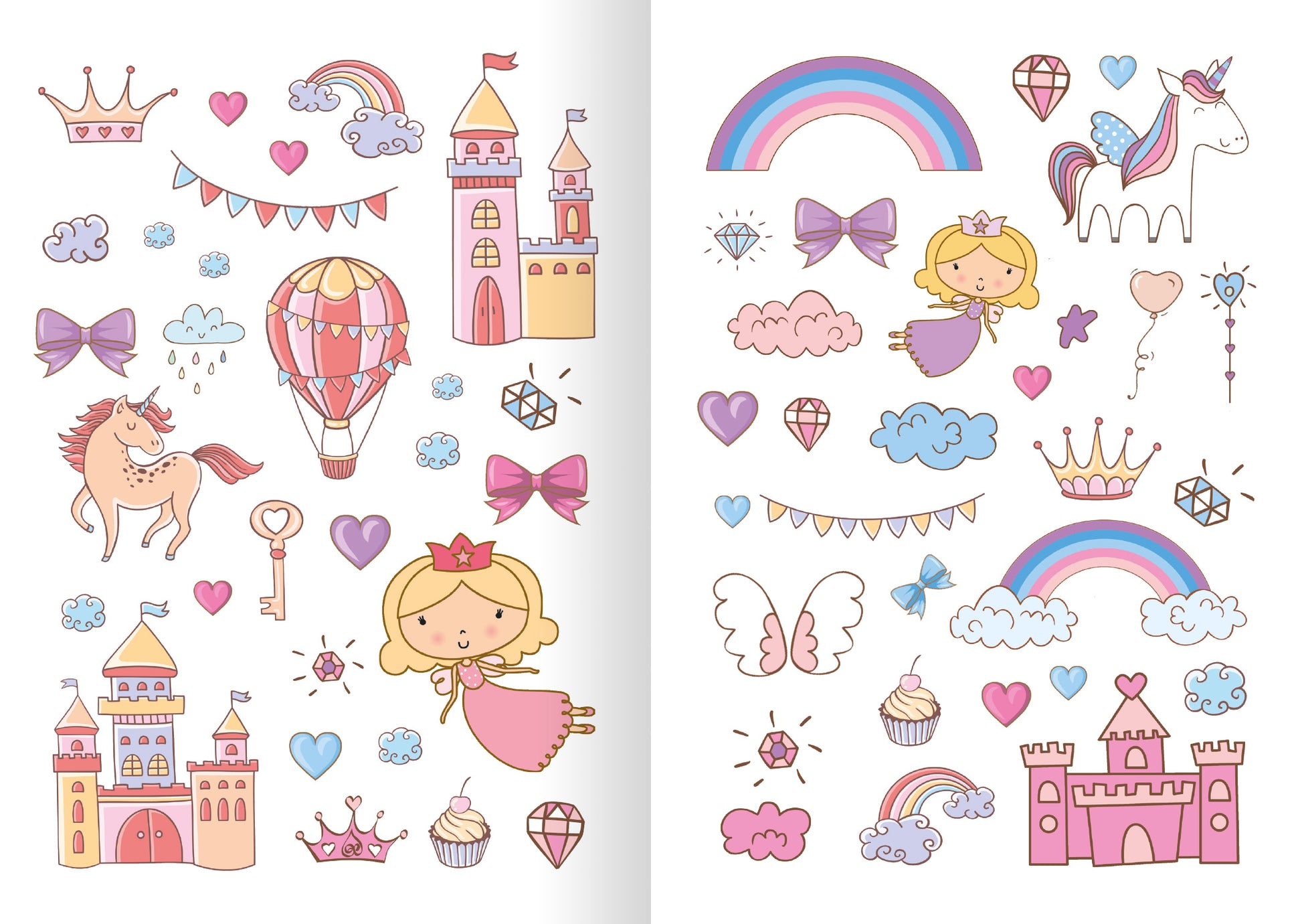 Gezeigt wird eine Innen- oder Zusatzansicht von „Glitzerspaß – Feen-Sticker“. Die Seite enthält bunte, handgezeichnete Illustrationen von Feen, Regenbögen, Zuckerwatte, Burgen, Schlösser und verschiedenen fantasievollen Objekten. Die Farben sind weich und pastellartig, dominierend sind Rosa, Blau, Gelb und Orange.