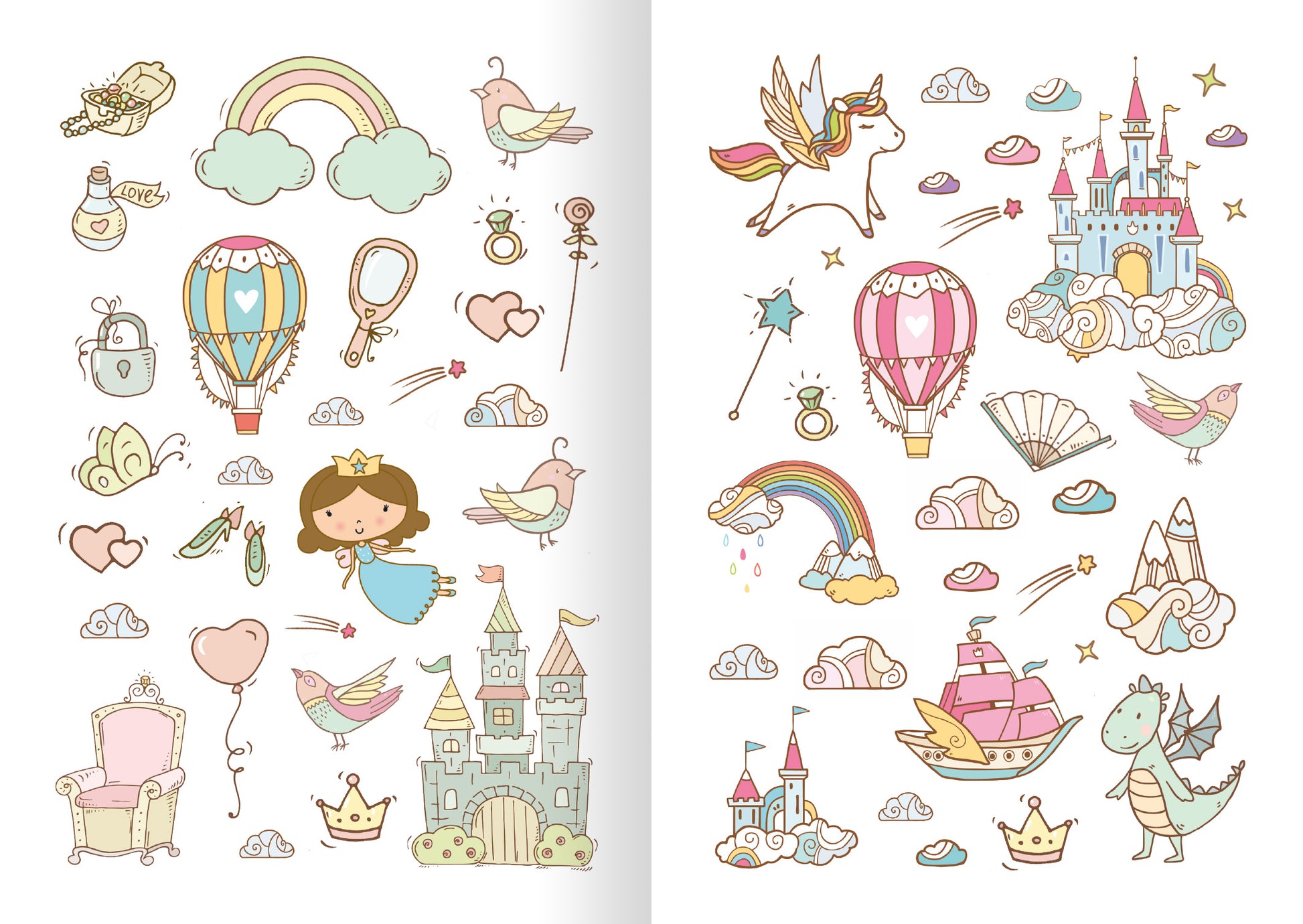 Gezeigt wird eine Innen- oder Zusatzansicht von „Glitzerspaß – Feen-Sticker“. Die Illustration zeigt eine bunte Ansammlung von verschiedenen fantastischen Motiven, darunter Luftballons, Einhörner, Schlösser und Vögel. Dominierende Farben sind Pastelltöne wie Rosa, Blau und Grün.