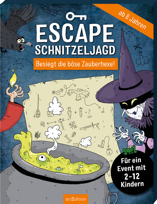Das Buchcover zeigt eine mysteriöse, lustige Illustration einer Hexe an einem brodelnden Kessel. Links sieht man eine Hand, die eine Flamme herbeizaubert, rechts die böse Zauberhexe mit einem schwarzen Hut und schelmischem Lächeln. Im Hintergrund erkennt man verschiedene magische Gegenstände. Der Titel „ESCAPE SCHNITZELJAGD besiegt die böse Zauberhexe“ in großen, weißen Buchstaben hebt sich deutlich von dem orangenen Hintergrund ab. Ganz oben rechts ist ein orangefarbener Hinweis...