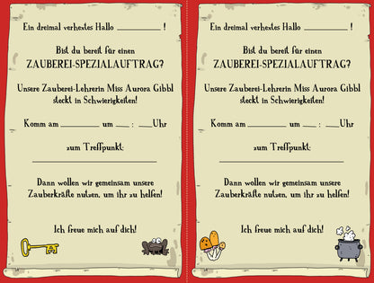 Gezeigt wird eine Innen- oder Zusatzansicht von „Escape-Schnitzeljagd – Besiegt die böse Zauberhexe!“. Die Seite zeigt ein illustrierendes Einladungsschreiben in warmen, einladenden Farben mit einem roten Rand und einem Schriftbild in handschriftlicher, kindgerechter Typografie. Oben steht in großen Buchstaben „Bist du bereit für einen Zauberei-Spezialauftrag?“, gefolgt von einem persönlichen Aufruf und leerer Stellen für Namen und Zeiten. Symbole wie ein Schlüssel, Pilze und...