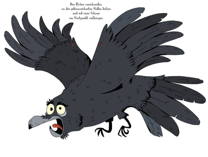 Gezeigt wird eine Innen- oder Zusatzansicht von „Escape-Schnitzeljagd – Besiegt die böse Zauberhexe!“. Auf dem Bild ist ein cartoonartiger Rabe mit großen, runden Augen und weit ausgebreiteten Flügeln abgebildet. Der Rabe ist überwiegend schwarz mit einem grauen Schnabel und zeigt einen überraschten Gesichtsausdruck. Im Hintergrund ist ein Textfeld mit Anweisungen platziert, das in einer klaren, kindgerechten Schriftart verfasst ist. Die Gesamtkomposition ist fröhlich und einladend,...