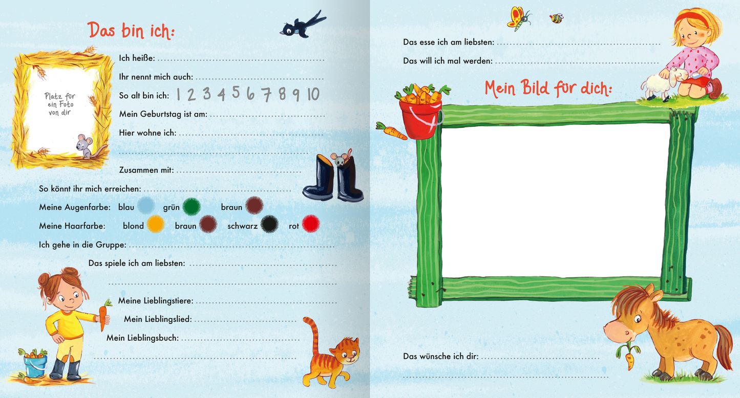 Gezeigt wird eine Innen- oder Zusatzansicht von „Meine Kindergarten-Freunde (Bauernhof)“. Die Seite ist in sanften Pastellfarben gehalten, mit einer bunten Umrandung, die eine freundliche Atmosphäre schafft. Links sind liebevoll illustrierte Felder für persönliche Angaben, umgeben von kleinen Tieren und landwirtschaftlichen Elementen. Rechts befindet sich ein großer leerer Bereich für ein individuelles Bild, eingerahmt von einer grünen Grafik. Die Schrift ist gut lesbar, kindgerecht...