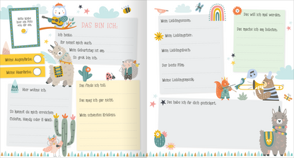 Gezeigt wird eine Innen- oder Zusatzansicht von „Alle meine Freunde – Feen | Mit über 300 Stickern“. Die Seite enthält einen bunten, kindgerechten Hintergrund mit Illustrationen von Tieren, Pflanzen und Wolken. In hellen Farben gehalten, sind Felder für persönliche Angaben, wie Lieblingsspielzeug und Wohnort, deutlich sichtbar. Die Typografie ist freundlich und handschriftlich, wobei wichtige Bereiche in verschiedenen Pastellfarben hervorgehoben sind, um das Ausfüllen zu erleichtern.