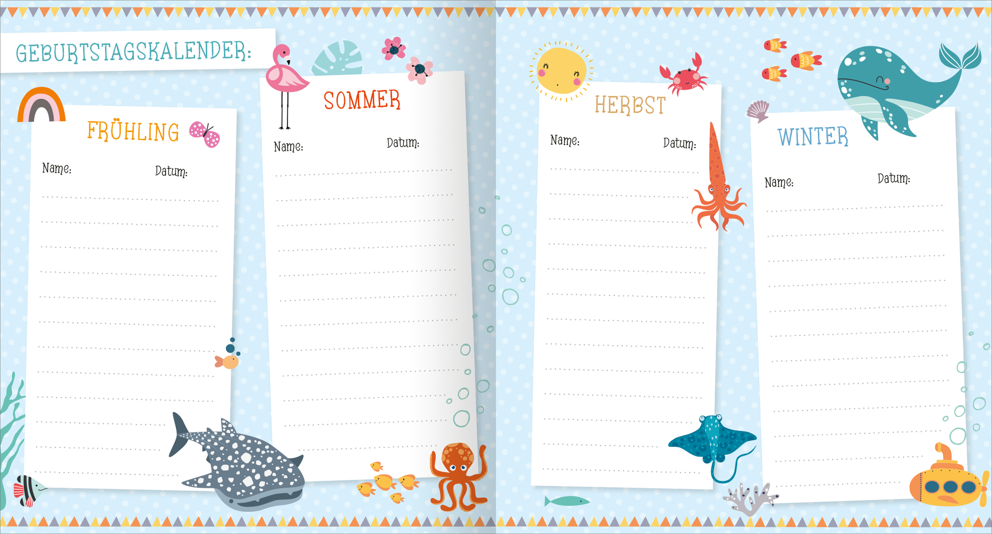 Gezeigt wird eine Innen- oder Zusatzansicht von „Alle meine Freunde – Meer | Mit über 300 Stickern“. Die Seite präsentiert einen Geburtstagskalender, unterteilt in die vier Jahreszeiten: Frühling, Sommer, Herbst und Winter. Jede Sektion ist durch bunte Illustrationen von Meereslebewesen, wie Fischen, Tintenfischen und einem Wal, verziert. Die Hintergründe sind hellblau mit einem Muster aus kleinen Punkten. Die Typografie ist freundlich und leicht lesbar, mit großen, bunten...