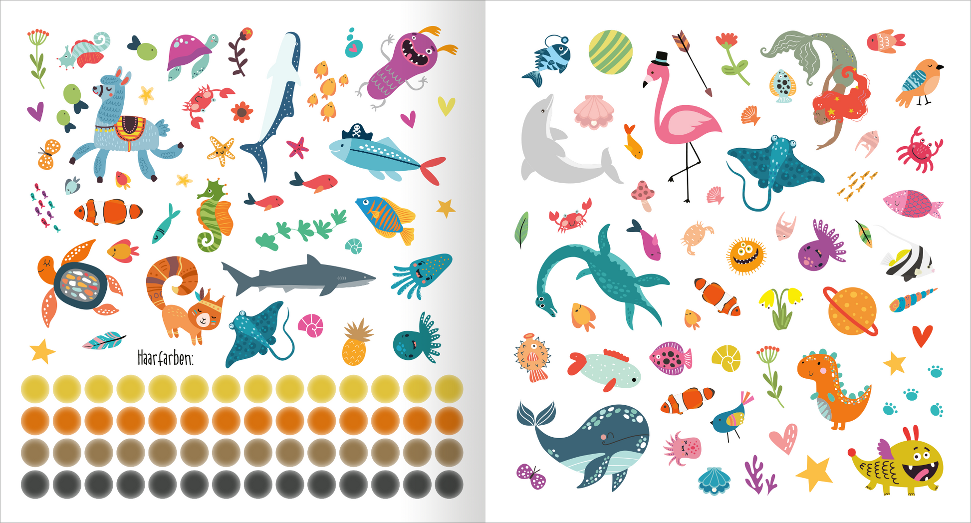 Gezeigt wird eine Innen- oder Zusatzansicht von „Alle meine Freunde – Meer | Mit über 300 Stickern“. Die Seite zeigt eine bunte Auswahl an Stickern mit maritimen Motiven wie Fischen, Seepferdchen und einem Flamingo. Die Illustrationen sind in lebhaften Farben gehalten, darunter Blau, Pink, Orange und Grün. Am unteren Rand sind runde Farbtöne in Braun- und Grautönen angeordnet. Die Typografie ist verspielt und kindgerecht, ergänzt durch kleine Details wie Herzchen und Pflanzen.