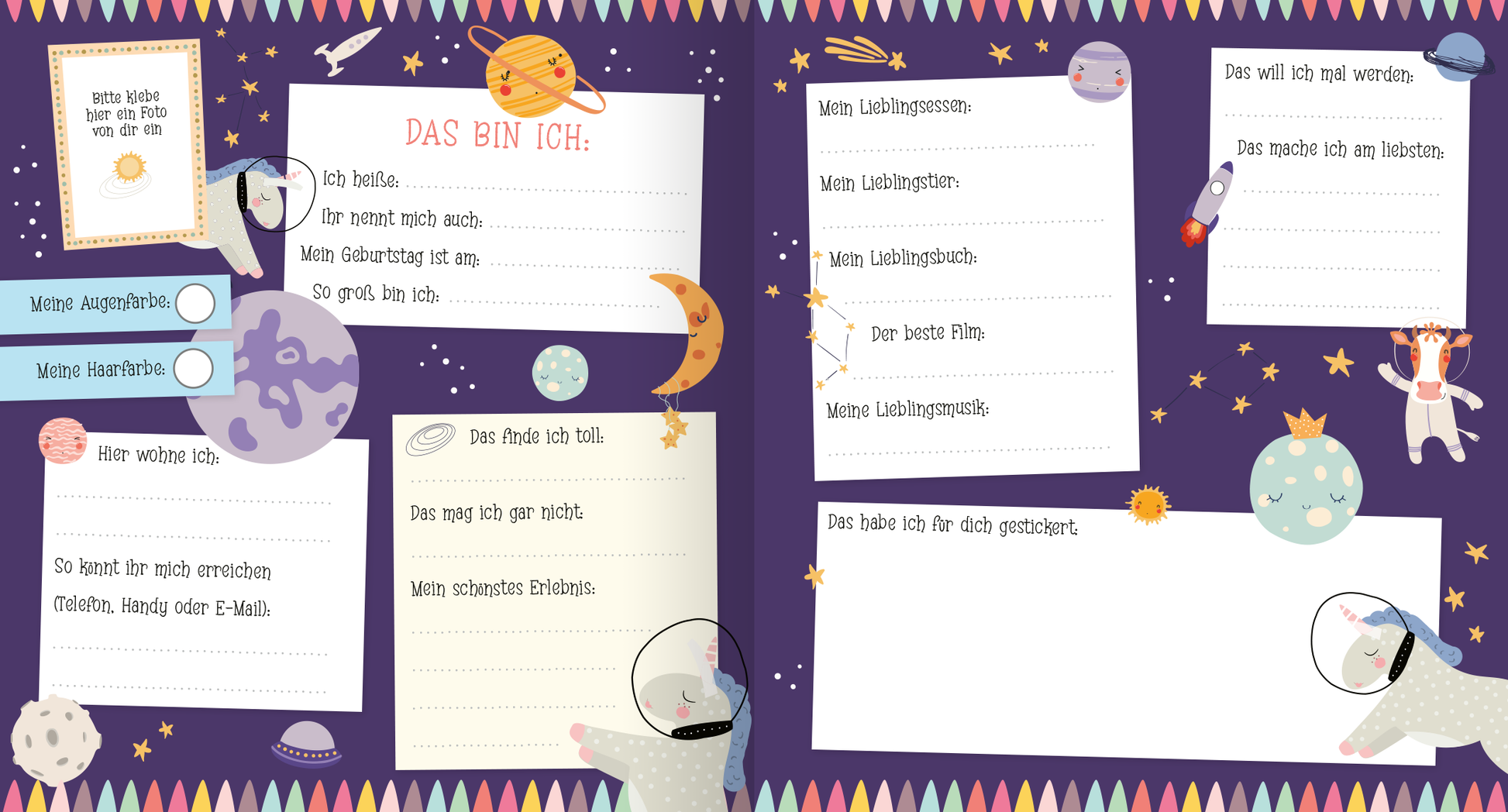 Gezeigt wird eine Innenansicht von „Alle meine Freunde – Einhorn | Mit über 300 Stickern“. Die Seite hat einen lila Hintergrund, der mit bunten Planeten, Sternen und Einhörnern in Raumanzügen dekoriert ist. Über die Seite verteilt sind mehrere helle Textkästen, in die die Kinder schreiben und stickern können.