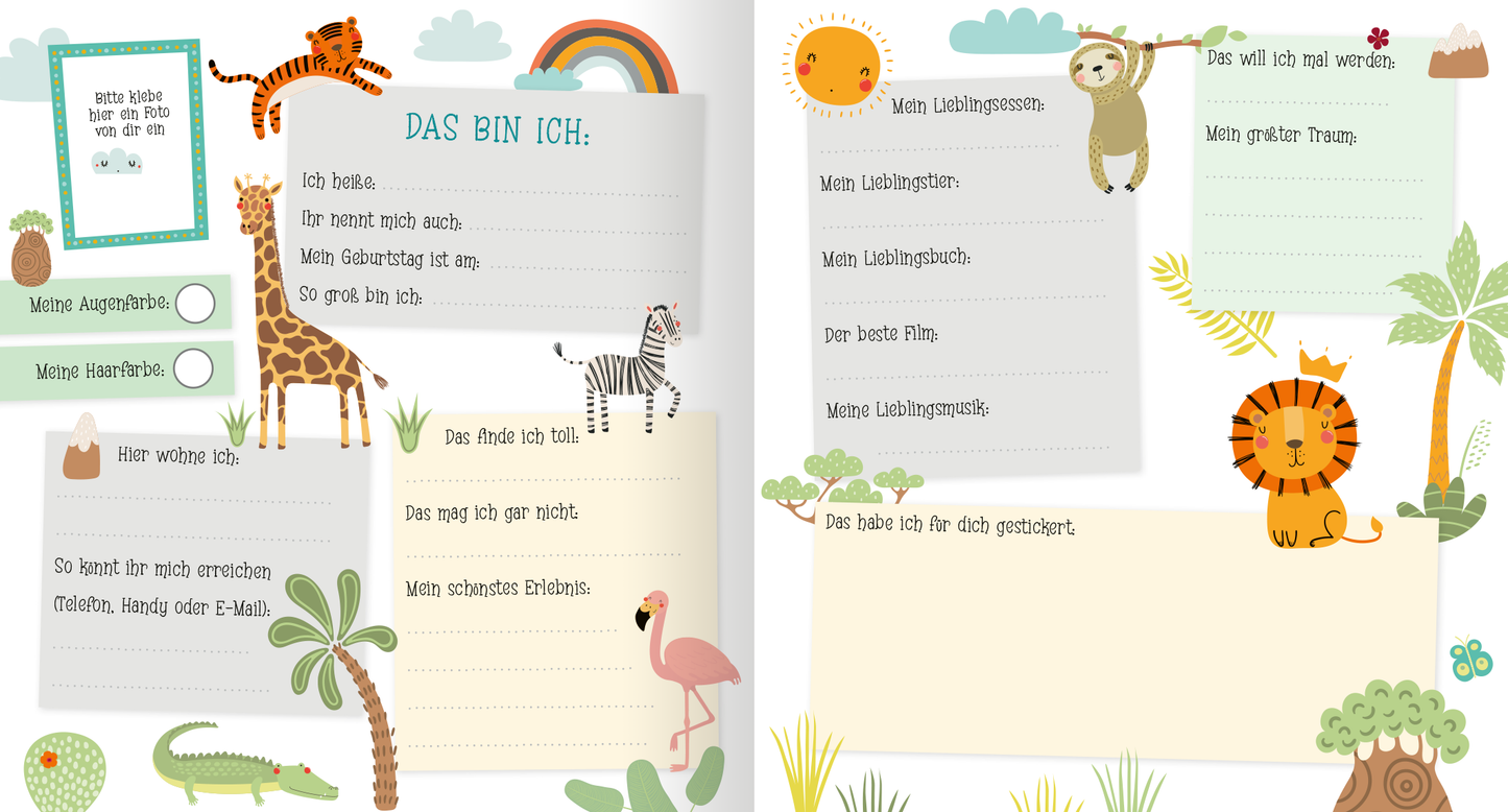 Gezeigt wird eine Innenansicht von „Alle meine Freunde – Einhorn | Mit über 300 Stickern“. Die Seite hat einen hellen Hintergrund, der mit verschiedenen Pflanzen und wilden Tieren, wie einem Tiger, einer Giraffe, einem Löwen und weiteren gestaltet ist. Über die Seite verteilt sind mehrere helle Textkästen, in die die Kinder schreiben und stickern können.