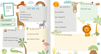 Gezeigt wird eine Innenansicht von „Alle meine Freunde – Einhorn | Mit über 300 Stickern“. Die Seite hat einen hellen Hintergrund, der mit verschiedenen Pflanzen und wilden Tieren, wie einem Tiger, einer Giraffe, einem Löwen und weiteren gestaltet ist. Über die Seite verteilt sind mehrere helle Textkästen, in die die Kinder schreiben und stickern können.