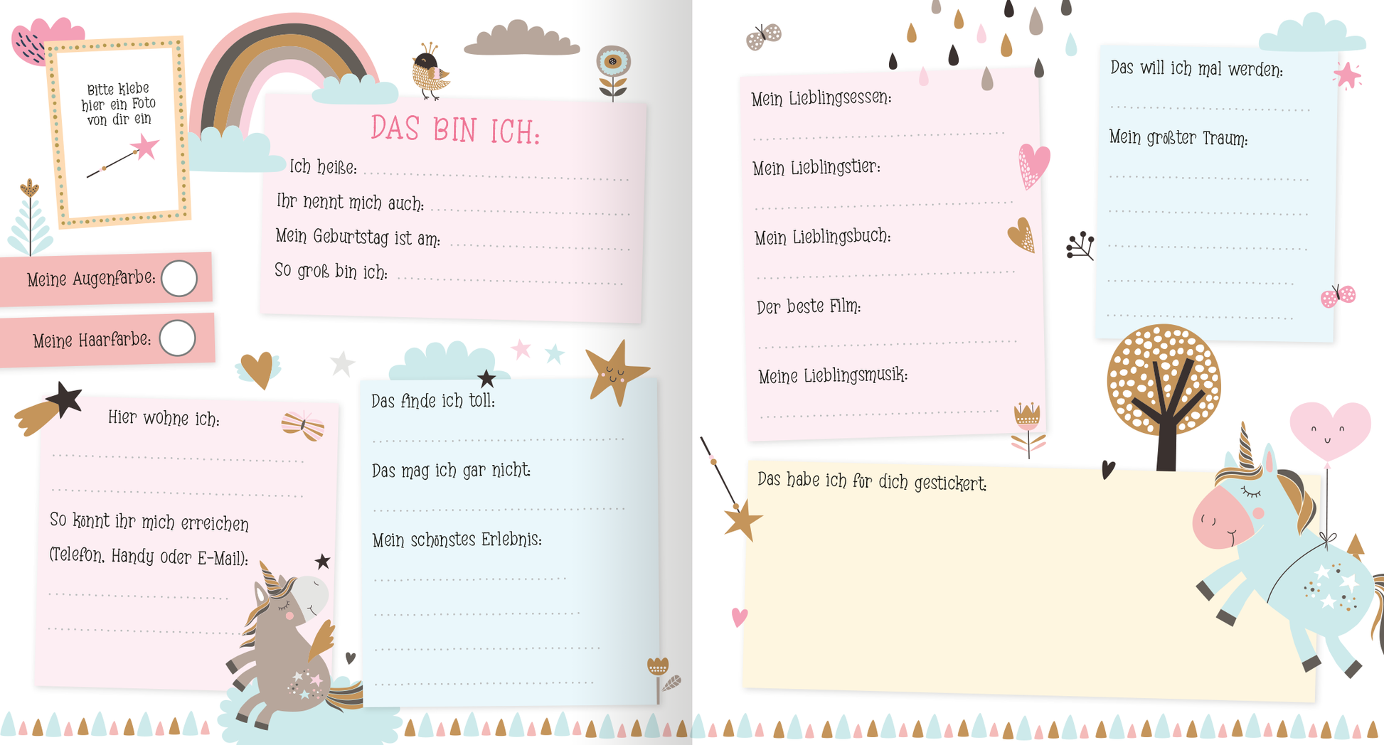 Gezeigt wird eine Innenansicht von „Alle meine Freunde – Einhorn | Mit über 300 Stickern“. Die Seite ist in pastelligen Farben gehalten und mit Regenbögen, Sternen und Einhörnern dekoriert. Über die Seite verteilt sind mehrere helle Textkästen, in die die Kinder schreiben und stickern können.
