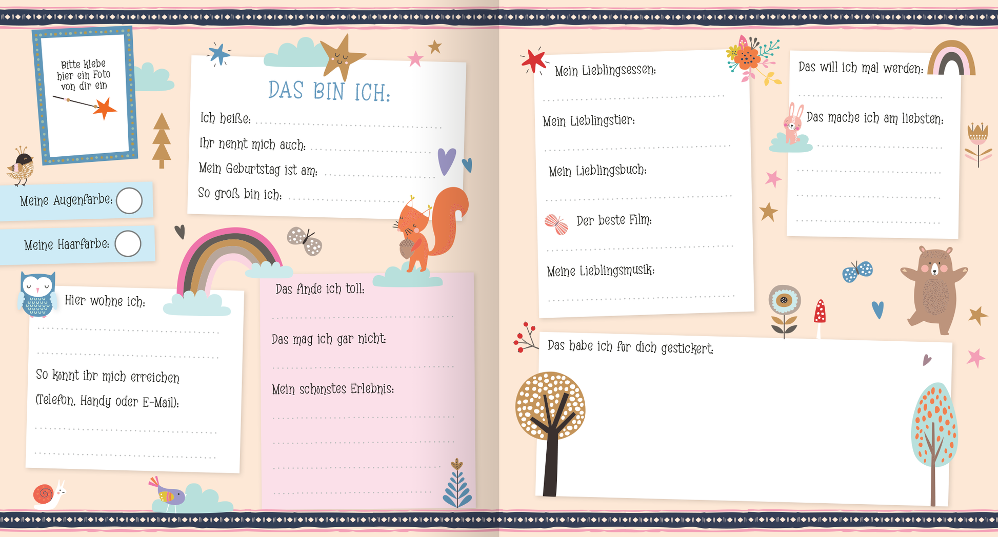 Gezeigt wird eine Innenansicht von „Alle meine Freunde – Einhorn | Mit über 300 Stickern“. Die Seite hat einen hellen Hintergrund und ist mit verschiedenen Pflanzen und Tierchen, wie einem Eichhörnchen, einer Eule und einem Bären, dekoriert. Über die Seite verteilt sind mehrere helle Textkästen, in die die Kinder schreiben und stickern können.