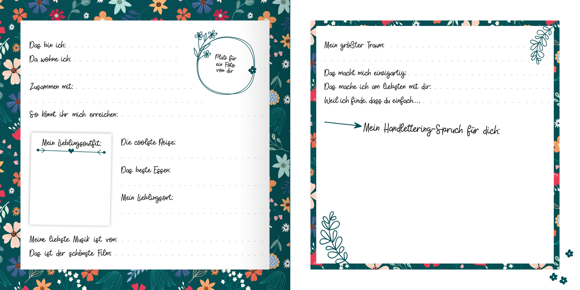 Gezeigt wird eine Innen- oder Zusatzansicht von „Freundebuch Best Friends Forever (Handlettering)“. Die Seiten sind von einem bunten, floral gestalteten Rahmen umgeben. Auf der linken Seite befinden sich mehrere Eingabefelder mit handschriftlicher Typografie, darunter Fragen zu persönlichen Vorlieben. Die rechte Seite präsentiert weitere leere Felder mit blauem Handlettering. Der Hintergrund ist in einem satten Grün gehalten, das die lebhaften Farben der Blumen schmückt.