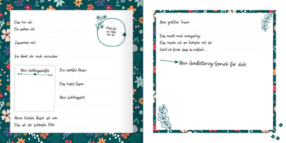 Gezeigt wird eine Innen- oder Zusatzansicht von „Freundebuch Best Friends Forever (Handlettering)“. Die Seiten sind von einem bunten, floral gestalteten Rahmen umgeben. Auf der linken Seite befinden sich mehrere Eingabefelder mit handschriftlicher Typografie, darunter Fragen zu persönlichen Vorlieben. Die rechte Seite präsentiert weitere leere Felder mit blauem Handlettering. Der Hintergrund ist in einem satten Grün gehalten, das die lebhaften Farben der Blumen schmückt.