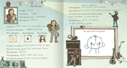 Gezeigt wird eine Innen- oder Zusatzansicht von „Anouk – Das Freundebuch“. Auf der linken Seite befindet sich eine handgezeichnete Figur eines Mädchens mit braunen Haaren, die ein Kuscheltier hält. Darunter stehen Platz für persönliche Angaben wie Name, Alter und Hobbys. Die rechte Seite enthält einen blauen Hintergrund mit einem skizzierten Bild eines Affens und der Überschrift „Das habe ich für dich gemalt“. Die Farben sind sanft und freundlich, mit einer verspielten...