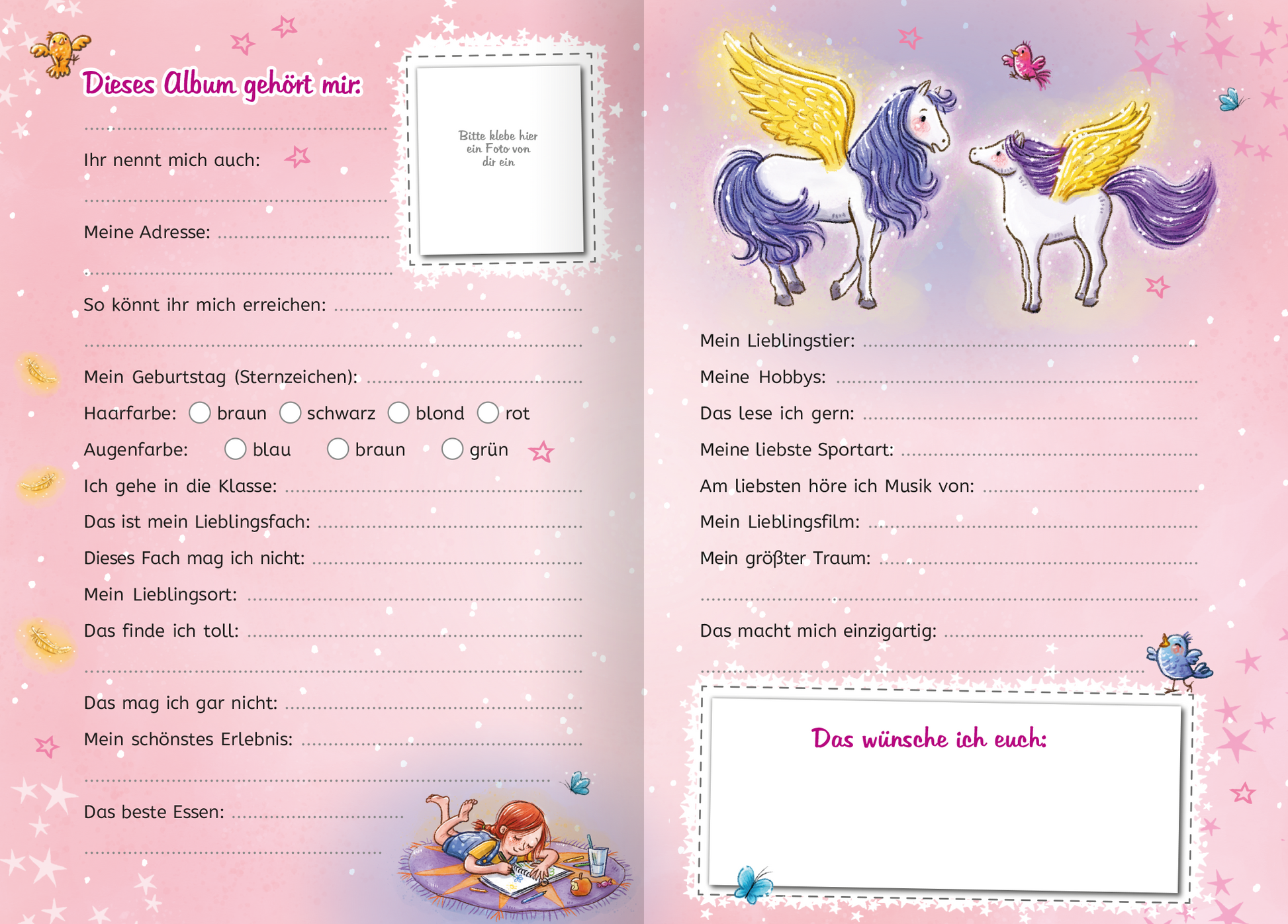 Gezeigt wird eine Innen- oder Zusatzansicht von „Meine Freunde – Zauberponys“. Die Seite ist in sanften Pink- und Lila-Tönen gehalten und enthält verspielte Illustrationen von Ponys mit Flügeln. Der obere Bereich zeigt einen Platz für persönliche Angaben in einer kreisförmigen Umrandung. Schriftelemente sind in kindlicher, leicht verschnörkelter Typografie gehalten. Es gibt verschiedene Abschnitte, die zum Ausfüllen einladen, begleitet von kleinen dekorativen Elementen wie Blumen...