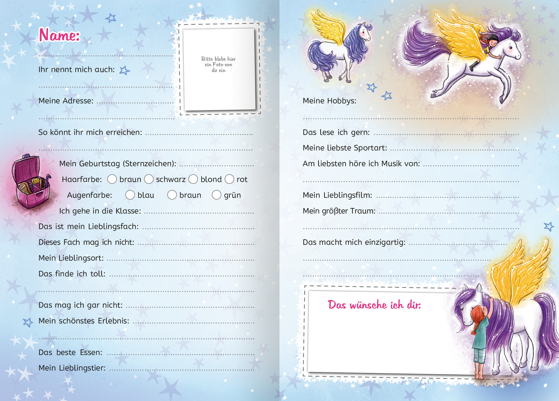 Gezeigt wird eine Innenansicht von „Meine Freunde – Zauberponys“. Die Doppelseite präsentiert ein hellblaues, mit Sternen verziertes Layout. Auf der linken Seite befinden sich ausgefüllte Felder für persönliche Informationen, umrahmt von zarten, bunten Illustrationen. Rechts sind ein schwebendes, geflügeltes Pony und ein Mädchen zu sehen. Die Schrift ist kindgerecht und klar, mit bunten Akzenten. Der gesamte Entwurf vermittelt Freude und Fantasie, ideal für junge Leser.