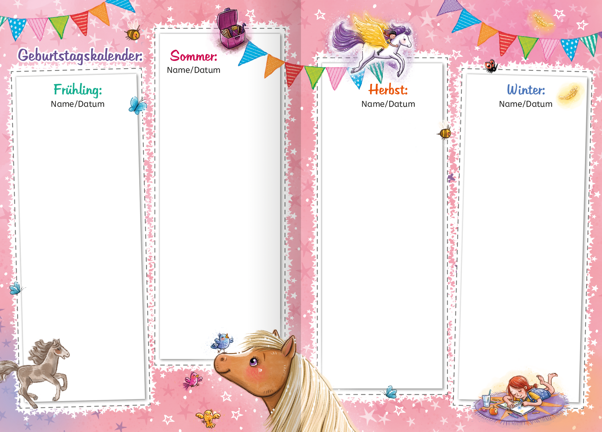 Gezeigt wird eine Innen- oder Zusatzansicht von „Meine Freunde – Zauberponys“. Die Seite zeigt einen Geburtstagskalender auf einem pinken Hintergrund mit bunten, grafischen Elementen wie Wimpel und niedlichen Illustrationen von Ponys. In vier Abschnitten für Frühling, Sommer, Herbst und Winter sind Kästchen für „Name/Datum“ vorgesehen. Die Überschriften sind in verschiedenen, fröhlichen Farben gehalten. Die typografische Gestaltung ist verspielt und kinderfreundlich.