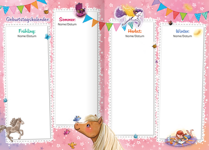 Gezeigt wird eine Innen- oder Zusatzansicht von „Meine Freunde – Zauberponys“. Die Seite zeigt einen Geburtstagskalender auf einem pinken Hintergrund mit bunten, grafischen Elementen wie Wimpel und niedlichen Illustrationen von Ponys. In vier Abschnitten für Frühling, Sommer, Herbst und Winter sind Kästchen für „Name/Datum“ vorgesehen. Die Überschriften sind in verschiedenen, fröhlichen Farben gehalten. Die typografische Gestaltung ist verspielt und kinderfreundlich.