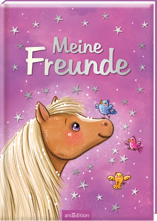 Das Buchcover zeigt einen rosa Hintergrund, auf dem funkelnde Sterne verteilt sind. Im Mittelpunkt befindet sich ein freundliches, cartoonhaftes Pferd mit blonder Mähne, das den Betrachter anlächelt. Über dem Pferd schwirren farbenfrohe Vögel in Blau, Rosa und Gelb. Der Titel „Meine Freunde“ ist in großen, silbernen Buchstaben am oberen Rand platziert, was eine einladende Atmosphäre schafft. Ganz unten mittig steht der Logoschriftzug von arsEdition.