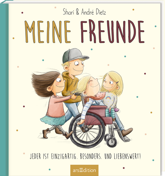 Das Buchcover zeigt eine fröhliche Gruppe von vier Kindern, darunter ein Mädchen im Rollstuhl, das von den anderen umgeben ist. Die Illustrationen sind in sanften Farben gehalten, mit bunten Punkten im Hintergrund, die eine lebhafte Atmosphäre schaffen. Der Titel „MEINE FREUNDE“ ist in großen, verspielten Buchstaben in rot und braun geschrieben. Am unteren Rand befindet sich der Text „Jeder ist einzigartig. Besonders. Und liebenswert!“ und ein SPIEGEL-Bestseller-Button. Ganz unten...