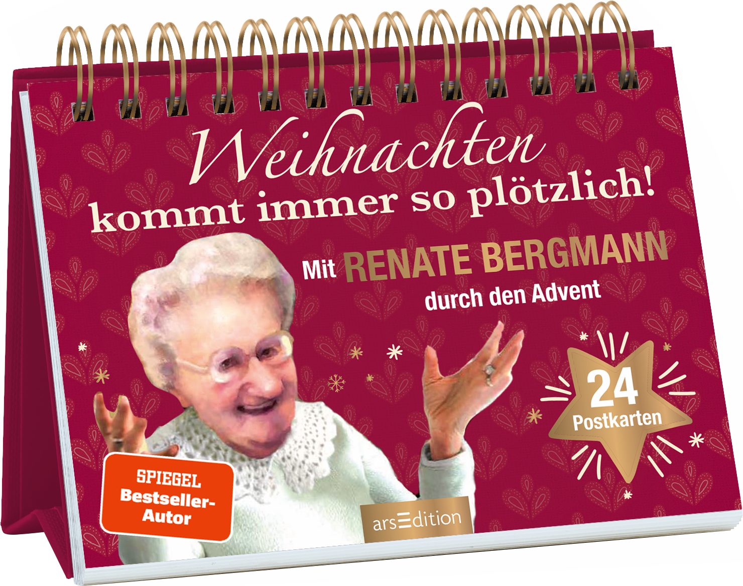 Das Buchcover zeigt einen roten Hintergrund, der mit festlichen Elementen geschmückt ist. Im Vordergrund ist ein fröhliches Porträt einer älteren Frau zu sehen, die enthusiastisch ihre Hände hebt. Oben steht in einer verspielten weißen Schrift „Weihnachten kommt immer so plötzlich!“. Darunter wird der Text „Mit RENATE BERGMANN durch den Advent“ in größerer, leicht auffälliger Schrift präsentiert. Ein orangefarbener Button mit dem Aufdruck „SPIEGEL Bestseller-Autor“ ist...