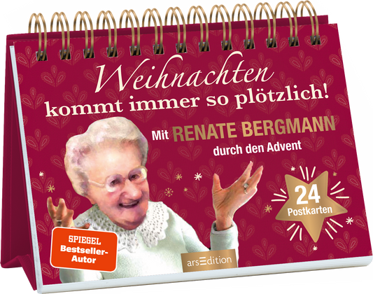 Das Buchcover zeigt einen roten Hintergrund, der mit festlichen Elementen geschmückt ist. Im Vordergrund ist ein fröhliches Porträt einer älteren Frau zu sehen, die enthusiastisch ihre Hände hebt. Oben steht in einer verspielten weißen Schrift „Weihnachten kommt immer so plötzlich!“. Darunter wird der Text „Mit RENATE BERGMANN durch den Advent“ in größerer, leicht auffälliger Schrift präsentiert. Ein orangefarbener Button mit dem Aufdruck „SPIEGEL Bestseller-Autor“ ist...