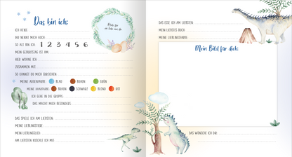 Gezeigt wird eine Innen- oder Zusatzansicht von „Meine ersten Freunde – Dinos (Aquarell-Optik)“. Die Seite zeigt eine sanfte Farbpalette mit Aquarelltönen in Blau, Grün und Beige. Links steht der Titel „Das bin ich“ in einer verspielten Schriftart, gefolgt von leeren Zeilen zur persönlichen Ausfüllung. Bunte, handgezeichnete Dinos und Pflanzen umrahmen die Textelemente. Auf der rechten Seite befinden sich weitere Felder, darunter „Mein Bild für dich“ in blauer Schrift,...