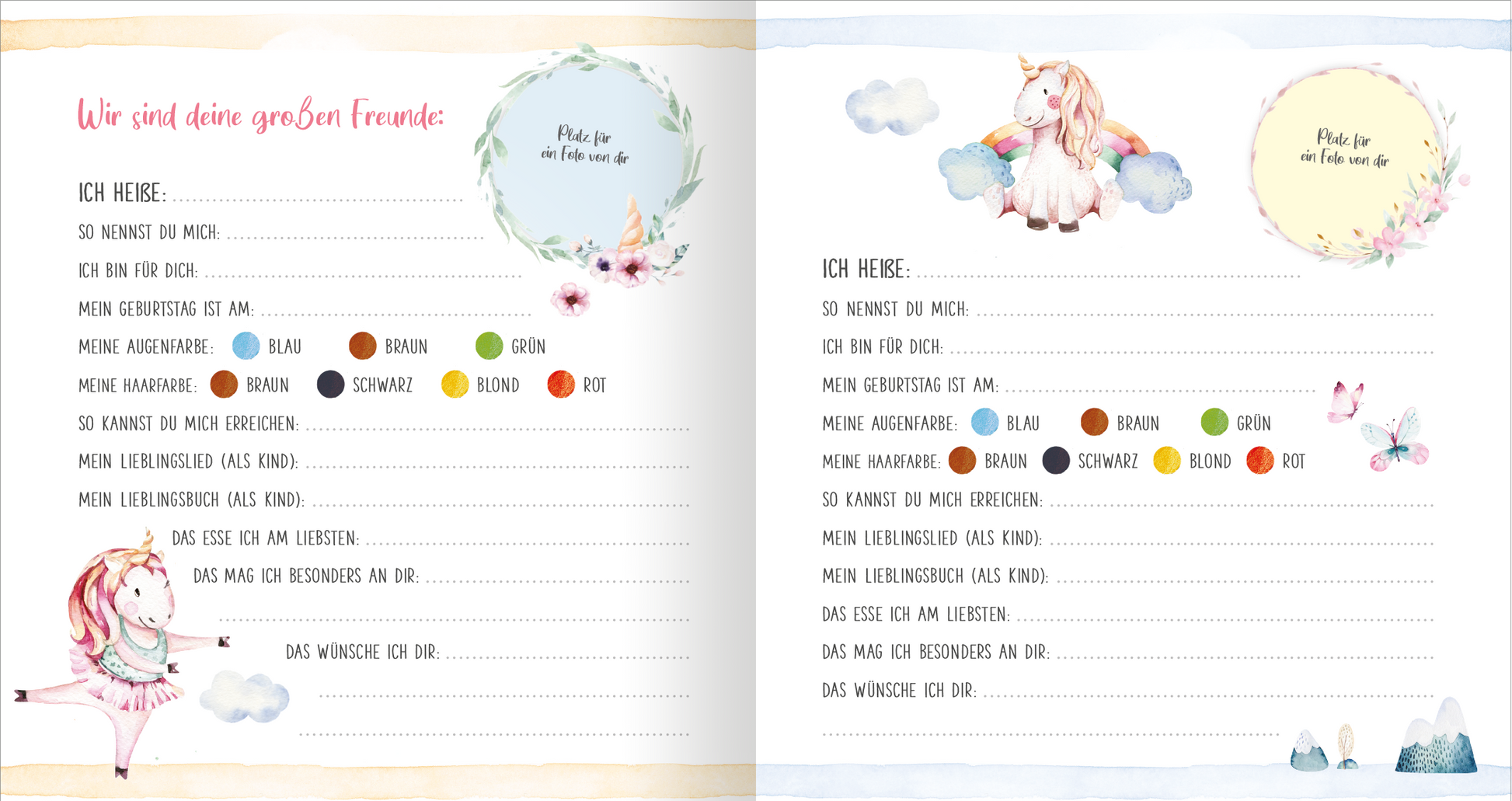 Gezeigt wird eine Innen- oder Zusatzansicht von „Meine ersten Freunde – Einhörner (Aquarell-Optik)“. Die Seite zeigt eine verspielte Gestaltung mit sanften Pastellfarben wie Rosa, Blau und Gelb. Oben befinden sich Wolken und fröhliche Einhörner, die zu einem kinderfreundlichen Layout beitragen. Die Schrift ist klar und gut leserlich in einer modernen, freundlichen Typografie. Bereiche sind für persönliche Angaben vorgesehen, eingerahmt von floralen Elementen und kleinen...