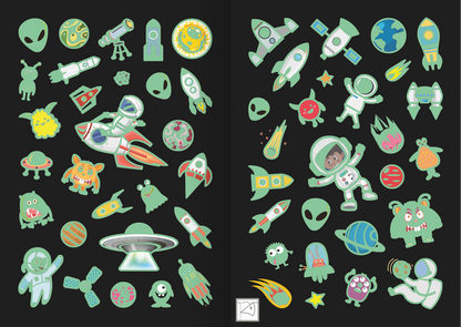 Gezeigt wird eine Innen- oder Zusatzansicht von „Leucht-Sticker – Weltall“. Die Ansicht zeigt zahlreiche bunte, fantasievolle Leucht-Sticker mit Weltraum-Motiven. Darunter sind Raketen, Astronauten, Planeten, Aliens und Teleskope. Die Farben sind lebhaft, hauptsächlich in Grün, Blau, Rot und Gelb gehalten. Die Typografie ist verspielt und warm, passend zum kinderfreundlichen Design. Der Hintergrund ist schwarz, was die leuchtenden Farben deutlich hervorhebt.