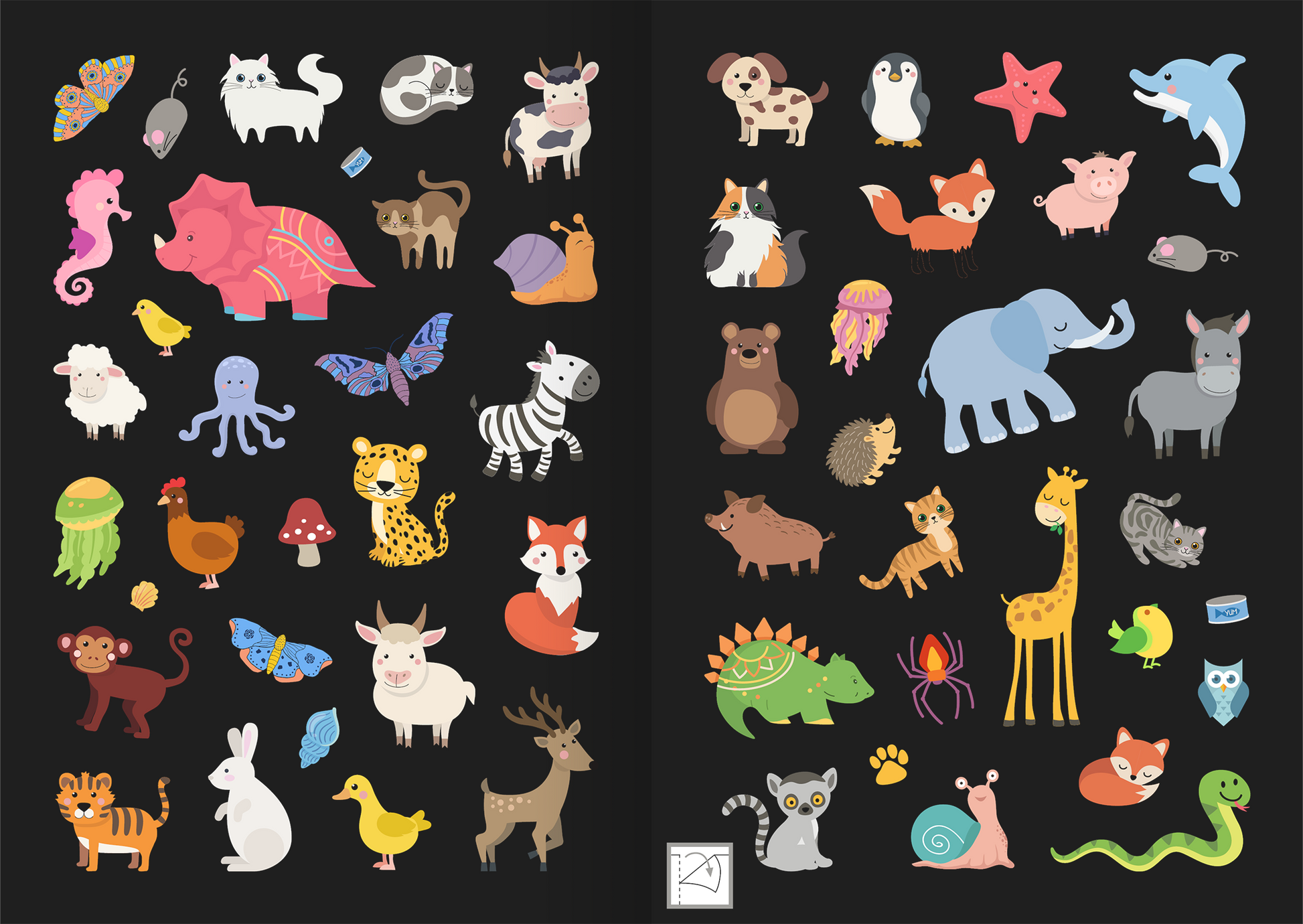 Gezeigt wird eine Innen- oder Zusatzansicht von „Leucht-Sticker – Tiere“. Die Abbildung zeigt eine Vielzahl von bunten Tiermotiven auf schwarzem Hintergrund. Zentrale Elemente sind verspielte Darstellungen von Tieren wie einem pinken Elefanten, einer gelben Giraffe und einem blauen Delphin. Die Farben sind lebhaft und variieren von Pastelltönen bis zu kräftigen Nuancen. Die Typografie ist nicht vorhanden, der Fokus liegt auf den illustrativen Tierdarstellungen.