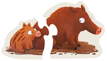 Gezeigt wird eine Innen- oder Zusatzansicht von „Mein erstes Puzzle: Wer wohnt im Wald?“. Die Illustration zeigt ein buntes, kindgerechtes Motiv von zwei Wildschweinen, einem größeren und einem kleineren, die in einer schlammigen Pfütze stehen. Die Tiere sind in warmen Erdtönen gehalten, mit einem freundlichen Gesichtsausdruck und charakteristischen Merkmalen wie der Schnauze und den runden Augen. Der Hintergrund ist hell und einfach gehalten, um die Tiere hervorzuheben.