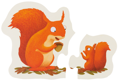 Gezeigt wird eine Innen- oder Zusatzansicht von „Mein erstes Puzzle: Wer wohnt im Wald?“. Die Abbildung zeigt zwei niedliche Eichhörnchen auf einem hellen Hintergrund. Das größere Eichhörnchen hat ein intensives Orange und hält eine Eichel, während das kleinere Eichhörnchen aufmerksam nach oben schaut. Die verwendeten Farben sind leuchtend und freundlich, und die typografische Gestaltung ist verspielt, was die kindgerechte Thematik unterstreicht.