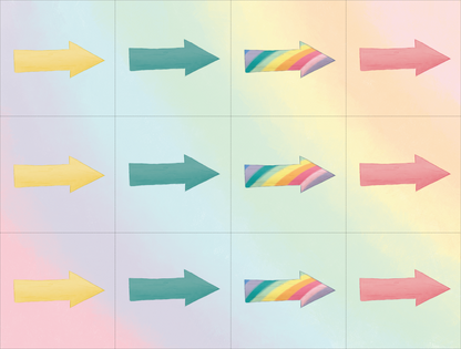 Gezeigt wird eine Innen- oder Zusatzansicht von „Einhorn-Schnitzeljagd ab 4 Jahren“. Die Darstellung zeigt ein Muster aus Pfeilen in verschiedenen Farben, darunter Gelb, Blau, Bunt und Pink. Die Pfeile sind in einem Raster angeordnet. Der Hintergrund ist sanft pastellig, was eine fröhliche und einladende Atmosphäre schafft.