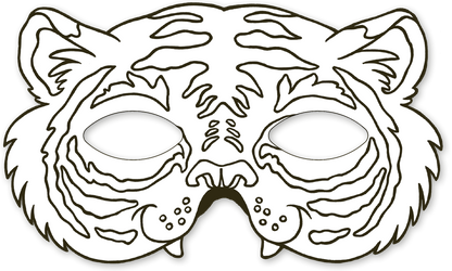 Gezeigt wird eine Innen- oder Zusatzansicht von „Tiermasken zum Ausmalen“. Die Abbildung zeigt eine weiße, outlinestrukturierte Tiermaske in Form eines Tigers. Die Details umfassen stark ausgeprägte Ohren, Streifen und Schnurrhaare. Die Linien sind schwarz, klar und gut definiert, was das Ausmalen erleichtert. Die Maske hat zwei runde Öffnungen für die Augen und wirkt einladend für kreative Farbgestaltungen.