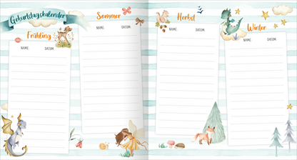 Gezeigt wird eine Innenansicht von „Meine ersten Freunde – Drachen (Aquarell-Optik)“. Die Doppelseite präsentiert einen Geburtstagskalender, unterteilt in vier Abschnitte: Frühling, Sommer, Herbst und Winter. Jeder Abschnitt ist mit einer bunten, handgeschriebenen Überschrift in sanften Farben versehen. Schlichte, leere Felder für Namen und Daten ergänzen das Layout. Am Rand sind süße Aquarell-Illustrationen von Tieren und fantastischen Kreaturen zu sehen, die eine freundliche,...