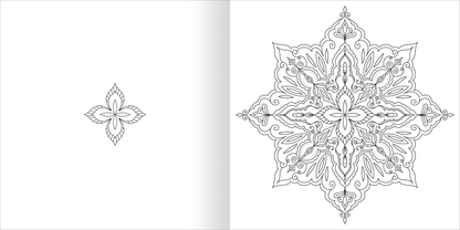 Gezeigt wird eine Innen- oder Zusatzansicht von „Mandala-Zauber – Achtsamkeit“. Die Abbildung zeigt links ein einfaches, filigranes Mandala-Motiv und rechts eine komplexe, symmetrische Mandala-Gestaltung mit geschwungenen Linien und floral inspirierten Elementen. Die Zeichnungen sind in Schwarz auf hellem Hintergrund gehalten und bieten ausreichend Raum für individuelle Farbgestaltungen.