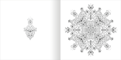 Gezeigt wird eine Innen- oder Zusatzansicht von „Mandala-Zauber – Achtsamkeit“. Die Abbildung zeigt links ein einfaches, filigranes Mandala-Motiv und rechts eine komplexe, symmetrische Mandala-Gestaltung mit geschwungenen Linien und floral inspirierten Elementen. Die Zeichnungen sind in Schwarz auf hellem Hintergrund gehalten und bieten ausreichend Raum für individuelle Farbgestaltungen.