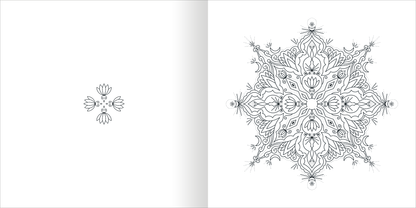Gezeigt wird eine Innen- oder Zusatzansicht von „Mandala-Zauber – Achtsamkeit“. Die Seite zeigt links ein kleines, florales Motiv und rechts ein detailliertes Mandala mit fein ausgearbeiteten Blüten- und Blattformen. Die Konturen sind in Schwarz gehalten, umgeben von einem weißen Hintergrund. Die harmonische Anordnung der Elemente fördert ein Gefühl der Ruhe und Achtsamkeit.
