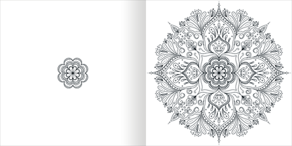 Gezeigt wird eine Innen- oder Zusatzansicht von „Mandala-Zauber – Achtsamkeit“. Die Abbildung zeigt links ein einfaches, filigranes Mandala-Motiv und rechts eine komplexe, symmetrische Mandala-Gestaltung mit geschwungenen Linien und floral inspirierten Elementen. Die Zeichnungen sind in Schwarz auf hellem Hintergrund gehalten und bieten ausreichend Raum für individuelle Farbgestaltungen.