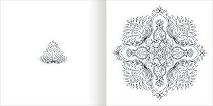 Gezeigt wird eine Innen- oder Zusatzansicht von „Mandala-Zauber – Achtsamkeit“. Die Abbildung zeigt links ein einfaches, filigranes Mandala-Motiv und rechts eine komplexe, symmetrische Mandala-Gestaltung mit geschwungenen Linien und floral inspirierten Elementen. Die Zeichnungen sind in Schwarz auf hellem Hintergrund gehalten und bieten ausreichend Raum für individuelle Farbgestaltungen.