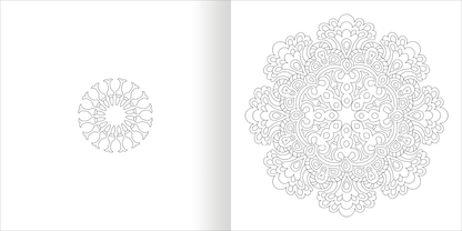 Gezeigt wird eine Innen- oder Zusatzansicht von „Mandala-Zauber – Gelassenheit“. Die linke Seite zeigt ein kleines, kreisförmiges Mandala mit einfachen, fließenden Linien. Die rechte Seite präsentiert ein großes, detailliertes Mandala, das reich verziert ist und symmetrische Motive aufweist. Die Zeichnungen sind in feinem, schwarz-weißem Kontrast gehalten, was Ruhe und Harmonie ausstrahlt.