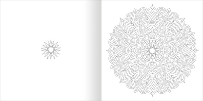 Gezeigt wird eine Innen- oder Zusatzansicht von „Mandala-Zauber – Gelassenheit“. Die linke Seite zeigt ein kleines, kreisförmiges Mandala mit einfachen, fließenden Linien. Die rechte Seite präsentiert ein großes, detailliertes Mandala, das reich verziert ist und symmetrische Motive aufweist. Die Zeichnungen sind in feinem, schwarz-weißem Kontrast gehalten, was Ruhe und Harmonie ausstrahlt.